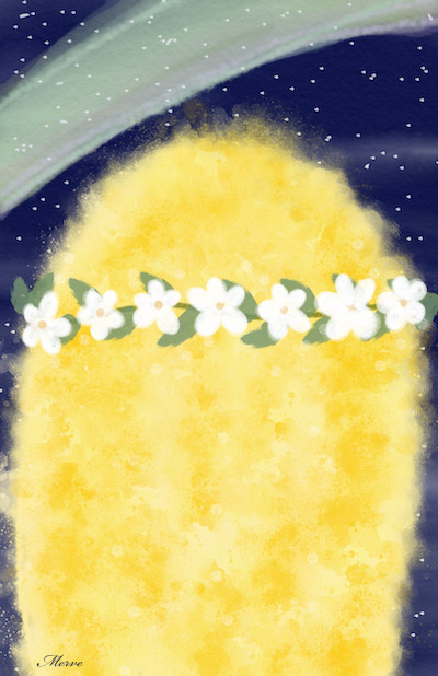 digital art yellow-hair girl, under northern-lights