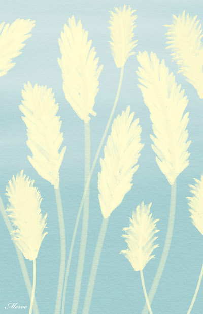 digital art cream-color feathers with blue background
