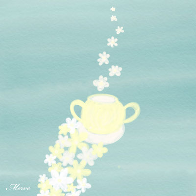 digital art blue background, yellow-white cup and flowers